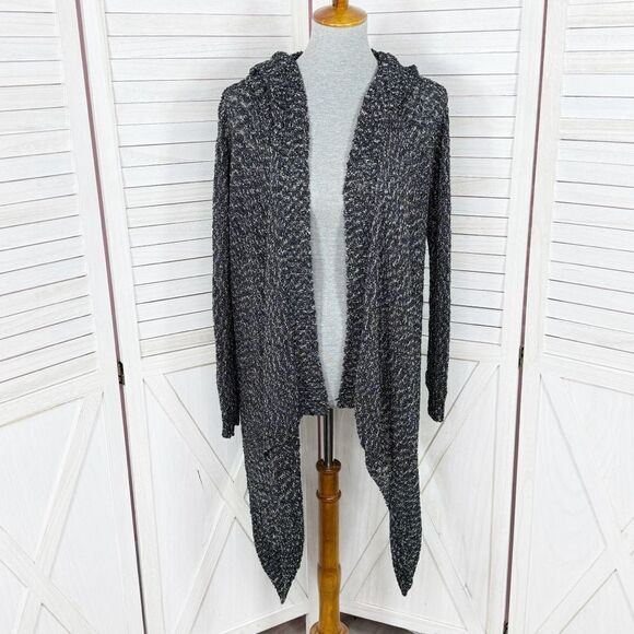 Rachel Zoe Melange Hooded Cardigan Sweater Low Hi Open Front Waterfall Black S - Picture 1 of 11